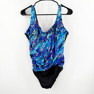 LONGITUDE Swimsuit One Piece SZ 12 NWOT Blue Leopard Foil Twisted Sash Swim NEW